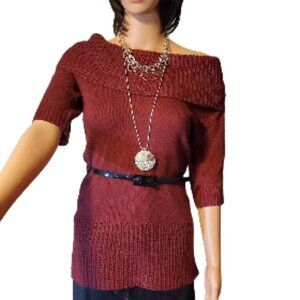 Derek Heart Dark Red Cowl Neck Women Puffy Sweater with Black Belt